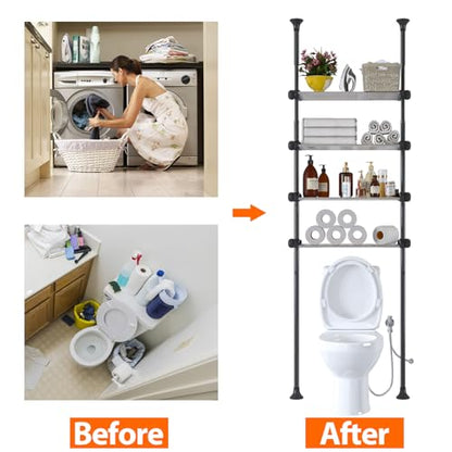 4-Tier Over The Toilet Storage Shelf, 4.5-9.5 FT Adjustable Bathroom Organizer, Heavy Duty Metal Shelves Above Behind Toilet Laundry, Space-Saving Shelving for Small Rooms, No Drill Tenant Friendly - color: Black