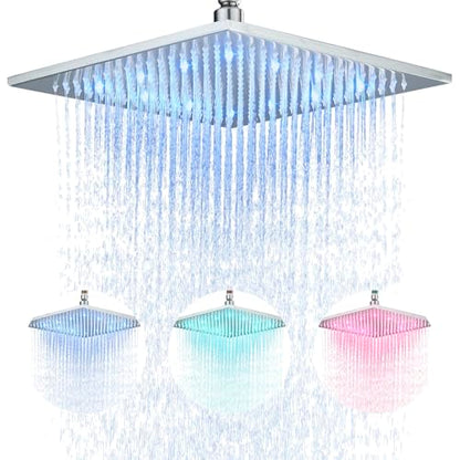 NeierThodore 12" LED Square Rainfall Shower Head Brushed Nickel Top Sprayer Shower Head Wall/Ceiling Mounted - color: Brushed Nickel, size: 12 Inch