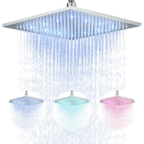 NeierThodore 12" LED Square Rainfall Shower Head Brushed Nickel Top Sprayer Shower Head Wall/Ceiling Mounted - color: Brushed Nickel, size: 12 Inch
