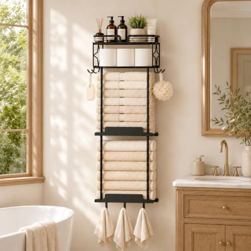 Towel Racks for Bathroom 39.9 Inch Wall Mounted Towel Rack with Shelf, Bathroom Towel Storage Holds 6 Large Rolled Towels, Metal Wall Towel Rack, Black - size: 39.9inch