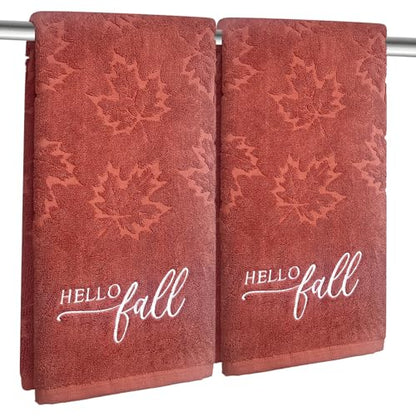 2 Pack Fall Hand Towel Jacquard Embroidered Cotton Kitchen Towels Farmhours Thankful Bath Towels Set Thanksgiving Bathroom Decor (Maple Hello Fall, 2*Hand Towel) - color: Maple Hello Fall