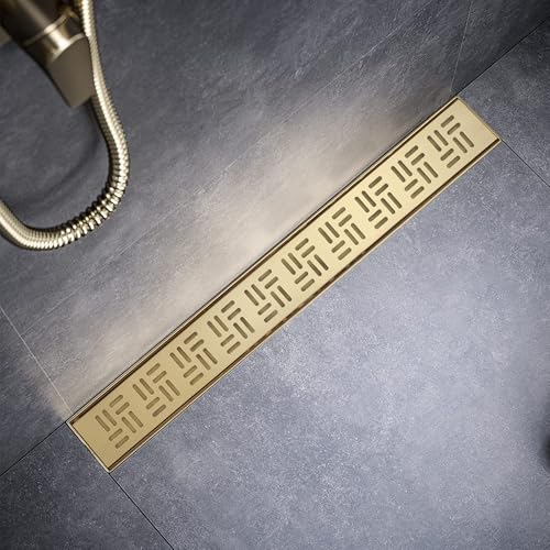 Sharp-tec Shower Drain, 28 inch Linear Shower Drain, Brushed 304 Stainless Steel Rectangular Shower Floor Drain with Adjustable Leveling Feet, Hair Strainer, cUPC Certified, ST-092-28G - color: Gold, size: 28 inch