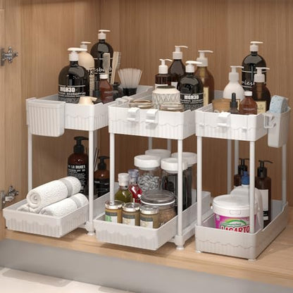 3 Pack Under Sink Organizers, 2-Tier Multi-Use Kitchen and Bathroom Organizers and Storage with Sliding Drawers, Bathroom Cabinet Organizer (White, 14.8 Inch) | Multi-use kitchen & bathroom storage, 14.8 inch white cabinet organizer, space-saving sliding