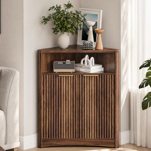 Corner Cabinet, Corner Storage with Fluted Panels and Adjustable Shelf, Modern Floor Cabinets for Small Spaces, Bathroom, Living Room, Kitchen, Walnut MCW23HT