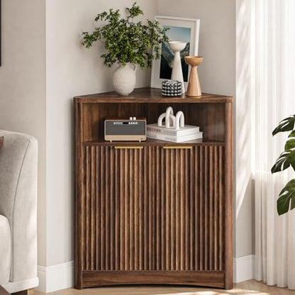 Corner Cabinet, Corner Storage with Fluted Panels and Adjustable Shelf, Modern Floor Cabinets for Small Spaces, Bathroom, Living Room, Kitchen, Walnut MCW23HT