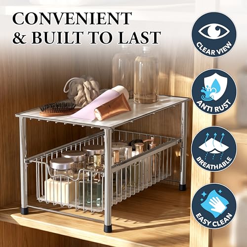 Simple Houseware Chrome Metal Stackable Storage Rack, 16.75 in L x 10.8 in W x 10.25 in H | Free Standing Organizer Drawer, Kitchen/Pantry/Cabinet/Counter - color: Chrome