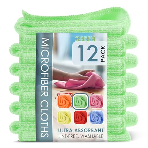 Hearth & Harbor 12 Pack Microfiber Washcloths, Green, 12"x12", Lint Free, Scratch Free, Reusable - color: Green, size: 12"x12", style: 12 Pack