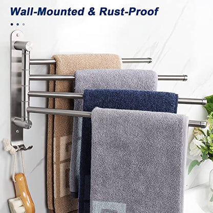 NearMoon Swivel Towel Rack, 13.8" Thicken 304 Stainless Steel 4-Arm Towel Bar, Space Saving Wall Mounted Towel Holder with Hook, Rustproof Swing Out Towel Hanger for Bathroom, Kitchen (Brushed Nickel) - color: Brushed Nickel, size: 13.8 Inch