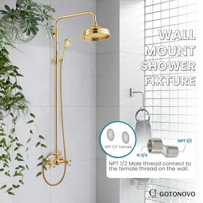 gotonovo Exposed Shower System Wall Mount,Polish Gold,Metal Handheld | 8” Rain Shower Head Faucet Set Fixtures,2 Function,Two Cross Handle,Height Adjustable,for 5-6.7" Hole,Indoor Victorian Retro - color: Bright Gold