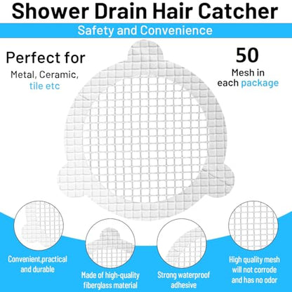 50 PCS Disposable Shower Drain Hair Catcher, 3.54 Inches Round | Stickers for Bath & Kitchen, For Human & Pet Hair, Mesh for Bathtub & Laundry, Drain Cover - size: Round - 50 Packs