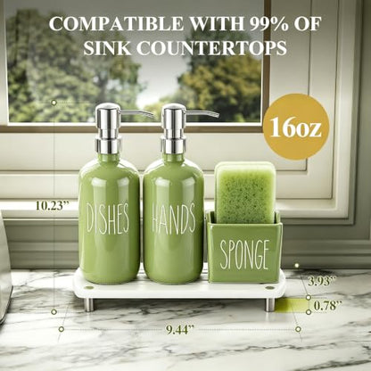 Cisily Olive Green Kitchen Soap Dispenser Set with Ceramics Sponge Holder | Stainless Steel Silver Pumps, and Instant Dry Tray, Hand and Dish Soap Dispenser Set, Kitchen Sink Olive Green Decor - color: Olive Green+ Silver+ Sponge Holder