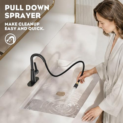 High Arc Bathroom Sink Faucet with Pull Down Sprayer, Tall Matte Black Single Handle Pull Out Faucet with Pop-Up Drain, 1 or 3 Hole Laundry Bar Basin Faucet with Deck Plate WE10CL-ZY-MB - color: Matte Black