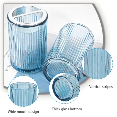 Toothbrush Holders for Bathrooms, 2pcs Glass Toothbrush Holder, 12oz Bathroom Tumbler and Mouthwash Cup, Tooth Brush and Toothpaste Organizer for Bathroom Vanity Countertop (Blue Silver) - color: Blue Silver