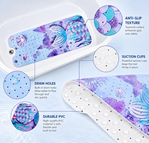 Cinrobiye Bath Mat for Tub Non Slip, 40 x 16 Inch Mermaid Cartoon Bathtub Shower Mat with Suction Cups and Drain Holes, Waterproof Machine Washable Bathroom Mat - color: Pink