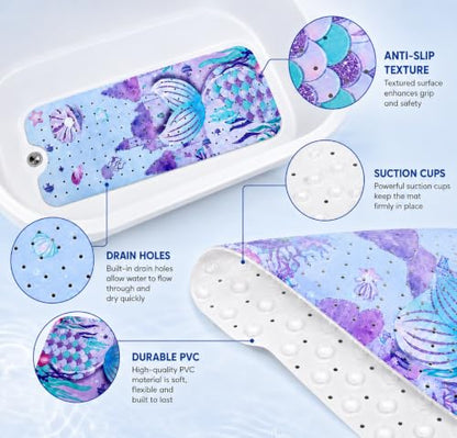 Cinrobiye Bath Mat for Tub Non Slip, 40 x 16 Inch Mermaid Cartoon Bathtub Shower Mat with Suction Cups and Drain Holes, Waterproof Machine Washable Bathroom Mat - color: Pink