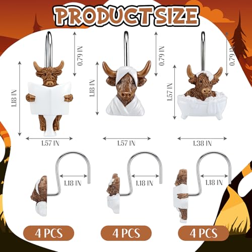 Roowest 12 Pcs Adult Highland Cow Shower Curtain Hooks Western Shower Curtain Hooks Stainless Steel Rust Resistant Rings Hangers for Winter Farmhouse Rustic Bathroom Decor - style: Adult Highland Cow