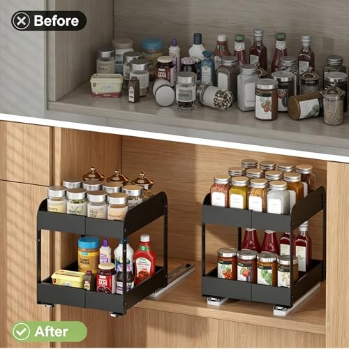 Across-Star Expandable Pull Out Spice Rack For Cabinet, 2-Tier No Drill Slide Out Drawers For Kitchen Cabinet with Adjustable Height, Metal Pullout Spice Holder Seasoning Shelf Inside Cabinet - size: 5.5''-7.9''W*10.24''D*10.82''H