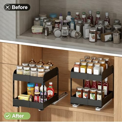 Across-Star Expandable Pull Out Spice Rack For Cabinet, 2-Tier No Drill Slide Out Drawers For Kitchen Cabinet with Adjustable Height, Metal Pullout Spice Holder Seasoning Shelf Inside Cabinet - size: 5.5''-7.9''W*10.24''D*10.82''H