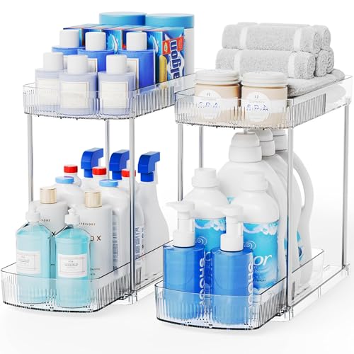2 Pack Large Pull Out Bathroom Organizers and Storage,2 Tier 12.8″ Tall Sliding Kitchen Under Sink Organizer for Cleaning Products Storage,Acrylic Clear Bathroom inder Sink Organizer,Undersink Storage - style: 2 Pack-2 Tier