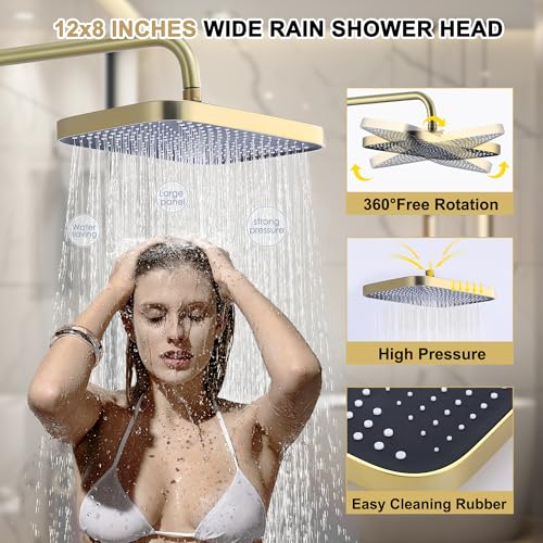 Shower Systems with 12 x8 Inches Rain Shower Head,Brushed Gold Exposed Pipe Shower System,3 Functions Tub Shower Faucet Sets,Overhead Shower System with Handheld - color: A- Brushed Gold with Square Shower Head
