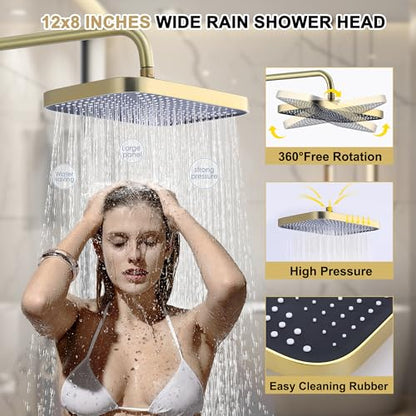 Shower Systems with 12 x8 Inches Rain Shower Head,Brushed Gold Exposed Pipe Shower System,3 Functions Tub Shower Faucet Sets,Overhead Shower System with Handheld - color: A- Brushed Gold with Square Shower Head