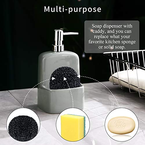 Dish Soap Dispenser - Kitchen Soap Dispenser with Sponge Holder Matte Ceramic Soap Daddy Dispenser 20oz for Kitchen (Grey) - color: Gray