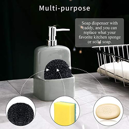 Dish Soap Dispenser - Kitchen Soap Dispenser with Sponge Holder Matte Ceramic Soap Daddy Dispenser 20oz for Kitchen (Grey) - color: Gray