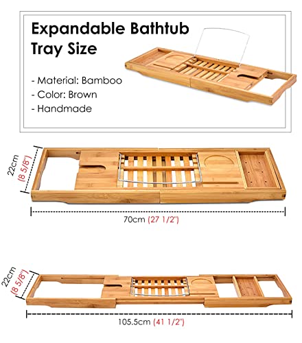 Expandable Bath Tub Tray Table for Luxury Bath, Adjustable Bamboo Bath Caddy Tray with Towel/Wine/Book Holder, Home Bath Accessories
