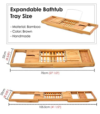 Expandable Bath Tub Tray Table for Luxury Bath, Adjustable Bamboo Bath Caddy Tray with Towel/Wine/Book Holder, Home Bath Accessories