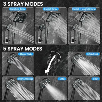 Veken Multi-Function Rain Shower Head with Handheld, High Pressure, Square | Rainfall Showerhead, Dual shower heads Combo, 5-mode Detachable Hand Held Spray with Hose, regaderas para shower, Matte Black - color: Matte Black