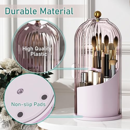 GAXmi Makeup Brush Holder with Lid Rotating Cosmetic Organizer, Pink-Purple | 360 Rotation, Waterproof, Dustproof, Moistureproof - color: Pink-Purple