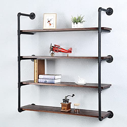 Industrial Pipe Shelves With Wood Planks,Rustic Pipe Shelving Wall Shelf | Metal Pipe Solid Pine Wood,Easy to Assemble,Wooden Board Thickness 0.78 In,For Bar Farmhouse Kitchen Office Bathroom,Bedroom - color: 4-layer, size: 42in