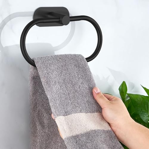 Towel Bar/Bath Towel Ring, Self Adhesive Hand Towel Ring for Bathroom, Stainless Steel Sticky Hand Towel Holder, No Drilling Modern Round Towel Hanger Wall Mounted (Black) - color: Black