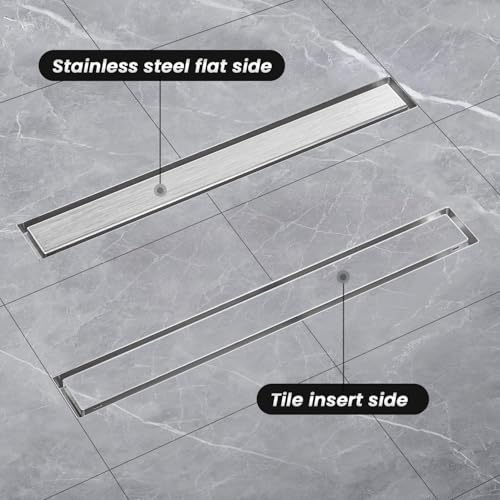 EXF Linear Shower Drain 12 Inch Brushed Nickel with Tileable Grate | 304 Stainless Steel, V-Slope Design, Debris Strainer, Seamless, Adjustable Height - color: Brushed Steel, size: 12 IN