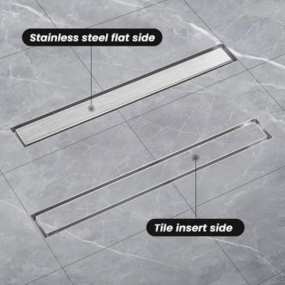 EXF Linear Shower Drain 12 Inch Brushed Nickel with Tileable Grate | 304 Stainless Steel, V-Slope Design, Debris Strainer, Seamless, Adjustable Height - color: Brushed Steel, size: 12 IN