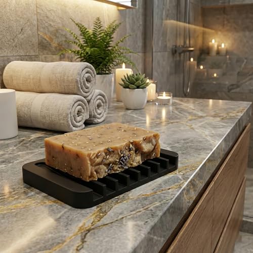 4-Pack Self Draining Soap Dish for Shower Bathroom Waterfall Silicone Soap Saver Tray Sponge Holder for Kitchen Sink Non-Slip Easy Clean Black - color: Black