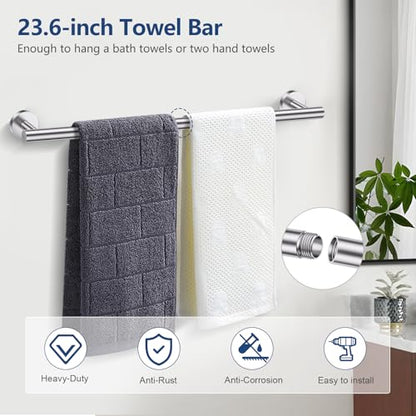 TQKAG Brushed Nickel Toilet Paper Holder, 5 Piece Towel Racks for Bathroom | 23.6" Bathroom Hardware Set, SUS304 Stainless Steel, Double Post Pivoting, Towel Hooks, Toilet Paper Holder Set Wall Mounted - color: Brushed Nickel, size: 5-Pieces Set-B