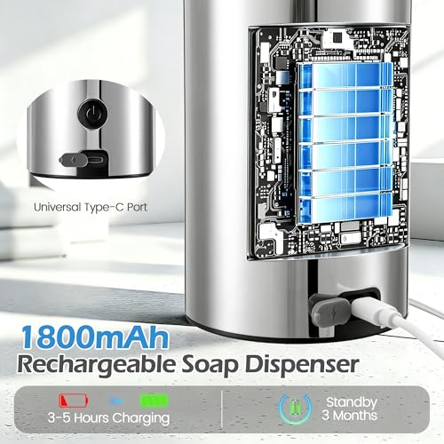 Automatic Soap Dispenser Touchless Soap Dispenser, 360 ML Rechargeable Sensor Pump with 304 Stainless Steel, 3-Level Adjustable, Water-Resistant for Kitchen Bathroom, Silver