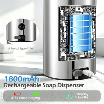 Automatic Soap Dispenser Touchless Soap Dispenser, 360 ML Rechargeable Sensor Pump with 304 Stainless Steel, 3-Level Adjustable, Water-Resistant for Kitchen Bathroom, Silver