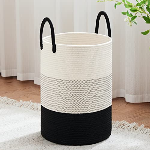 VIPOSCO 58L Tall Woven Laundry Basket Hamper, White Black | Cotton rope laundry hamper, collapsible wicker basket, storage for blanket, toys, dirty clothes, for bedroom, bathroom - color: White & Black, size: 58L