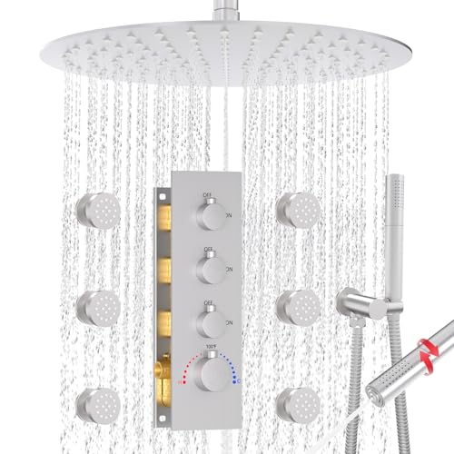 HOMEDEC 16inch Round Ceiling Mounted Full Body Shower System, 3 Way Diverter Valve with 2-Function Handheld Shower and Massage Jets, Brushed Nickel - color: Brushed Nickel, style: 3-Way