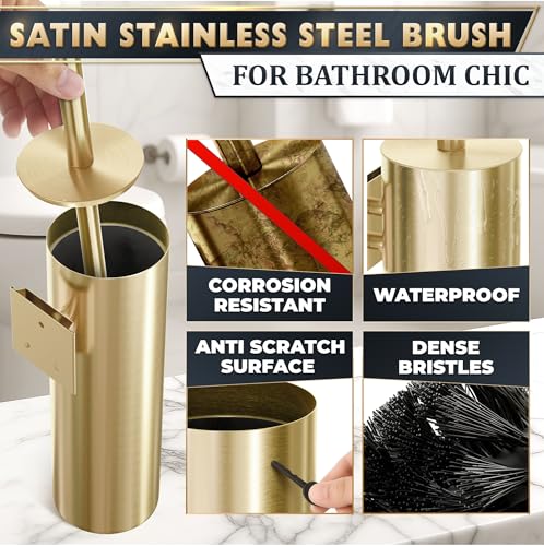 2Pcs Stainless Steel Toilet Brush and Holder Set, Hand Guard (Gold) | Toilet Bowl Brush and Holder, Removable Inner Bowl, Dense Bristles, Long Handle, Scratch Resistant, for Modern Bathrooms - color: Gold Wall-mounted