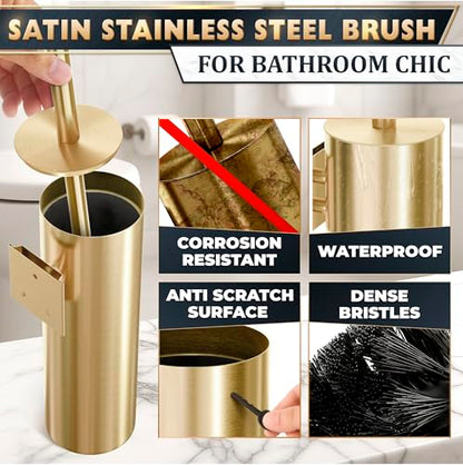 2Pcs Stainless Steel Toilet Brush and Holder Set, Hand Guard (Gold) | Toilet Bowl Brush and Holder, Removable Inner Bowl, Dense Bristles, Long Handle, Scratch Resistant, for Modern Bathrooms - color: Gold Wall-mounted