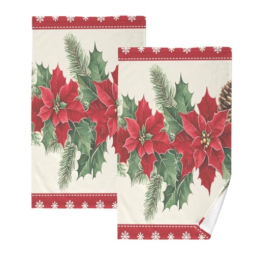 ALAZA Christmas Poinsettia Floral Hand Towels for Bathroom Set of 2 Fingertip Towels Face Towels,Cotton Soft Absorbent Bath Towels Xmas Hand Bath Towel 16x28in - color: Poinsettia Floral