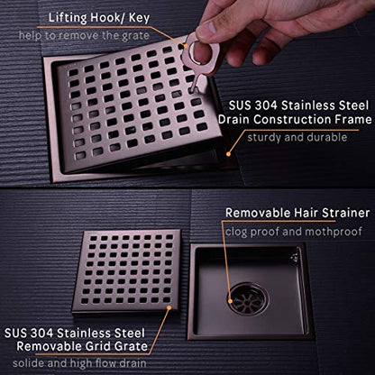 6 inch Stainless Steel Square Shower Floor Drain with Threaded Adapter, Removable Cover Grid Grate, Brushed Bronze Finished - color: Brushed Bronze