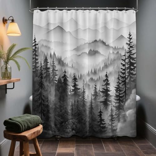Black and White Forest Shower Curtain, 72x72 in, Mens Mountain Nature | Grey Rustic Pine Tree Theme, Masculine Pattern Design, Cabin Cool Bathroom Decor, Waterproof Polyester Fabric, with Hooks - color: Black and White, size: 70"W x 72"L (Pack of 1)
