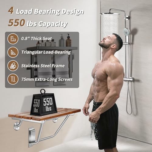𝙐𝙥𝙜𝙧𝙖𝙙𝙚 28 Inch Folding Shower Seat Wall Mounted, Teak Wood Shower Seat with Stainless Steel Bracket & Finish Cap, 550lb Capacity, for Elderly, Disabled, Pregnant Women, Kids - size: 28 inches seat