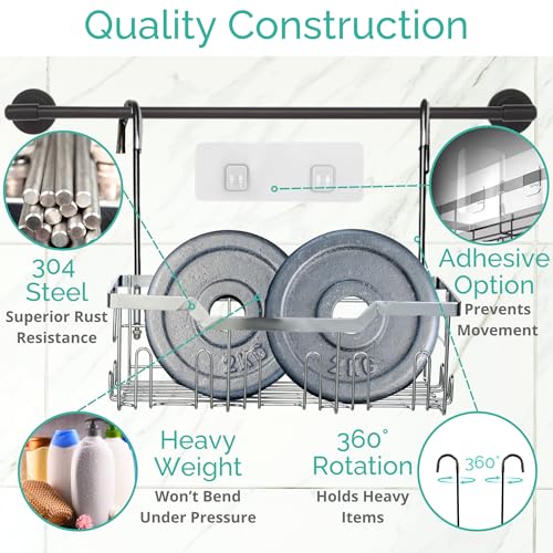 Small Shower Caddy Hanging - Shower Door Caddy Hanging with Rotatable Hooks and Adhesive Mount - Perfect for Bathroom Toiletries - Spacious & Convenient Bathroom Storage Solution 304 Stainless Steel - color: Single Tier - Silver