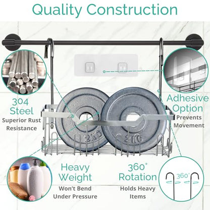 Small Shower Caddy Hanging - Shower Door Caddy Hanging with Rotatable Hooks and Adhesive Mount - Perfect for Bathroom Toiletries - Spacious & Convenient Bathroom Storage Solution 304 Stainless Steel - color: Single Tier - Silver
