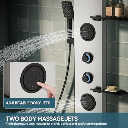 5 in 1 Brushed Nickel Rainfall Shower Panel Tower System With Storage Shelf | Stainless Steel Shower Tower with Rainfall Shower Handheld and Tub Spout Powerful Body Jets Shower Panel Set by BATHLAVISH - color: Brushed Nickel